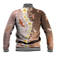 Hawaii And Japan Baseball Jacket Plumeria Lei With Koi Fish Beige - Polynesian Pride
