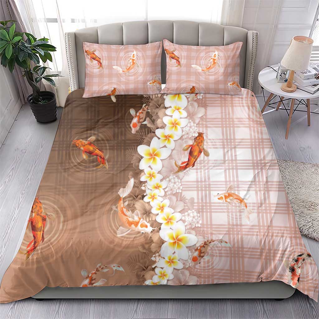 Hawaii And Japan Bedding Set Plumeria Lei With Koi Fish Beige - Polynesian Pride