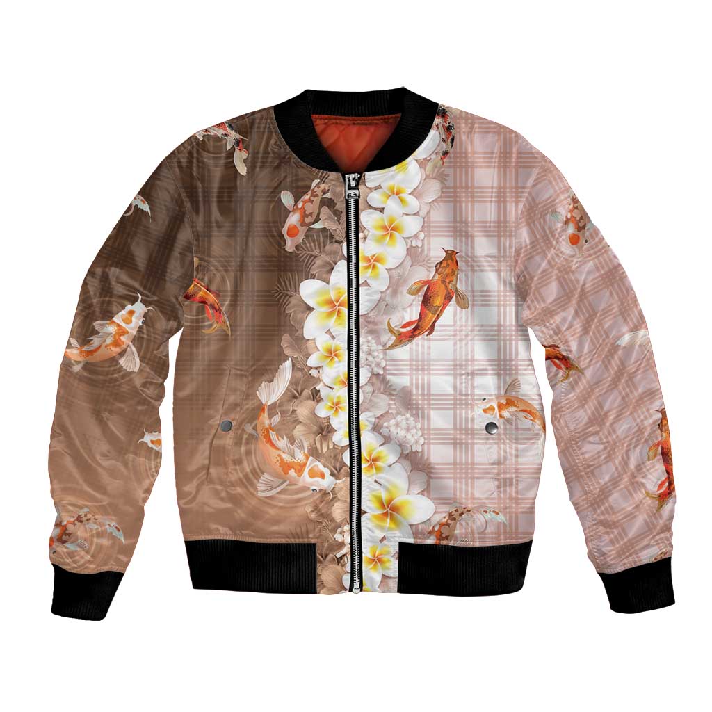 Hawaii And Japan Bomber Jacket Plumeria Lei With Koi Fish Beige - Polynesian Pride