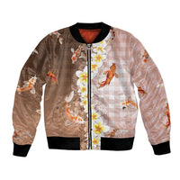 Hawaii And Japan Bomber Jacket Plumeria Lei With Koi Fish Beige - Polynesian Pride