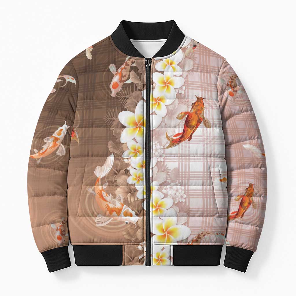 Hawaii And Japan Bomber Puffer Jacket Plumeria Lei With Koi Fish Beige - Polynesian Pride