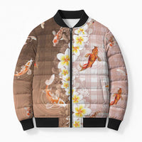 Hawaii And Japan Bomber Puffer Jacket Plumeria Lei With Koi Fish Beige - Polynesian Pride