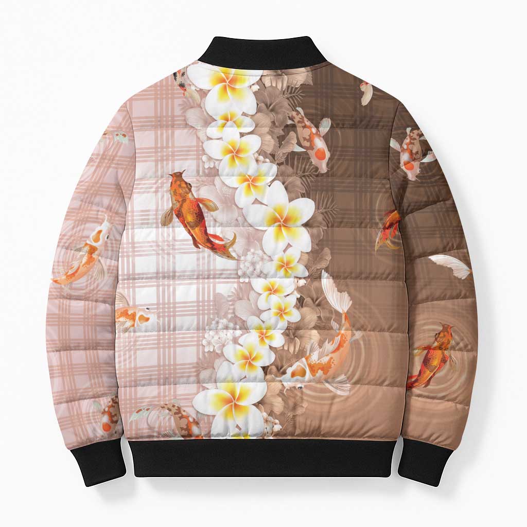 Hawaii And Japan Bomber Puffer Jacket Plumeria Lei With Koi Fish Beige - Polynesian Pride