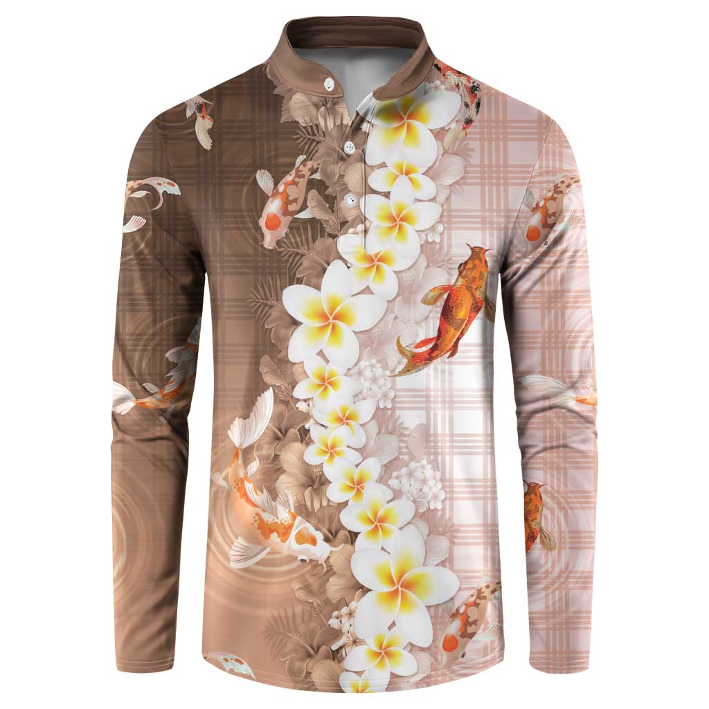Hawaii And Japan Button Sweatshirt Plumeria Lei With Koi Fish Beige - Polynesian Pride