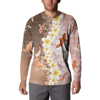 Hawaii And Japan Button Sweatshirt Plumeria Lei With Koi Fish Beige - Polynesian Pride