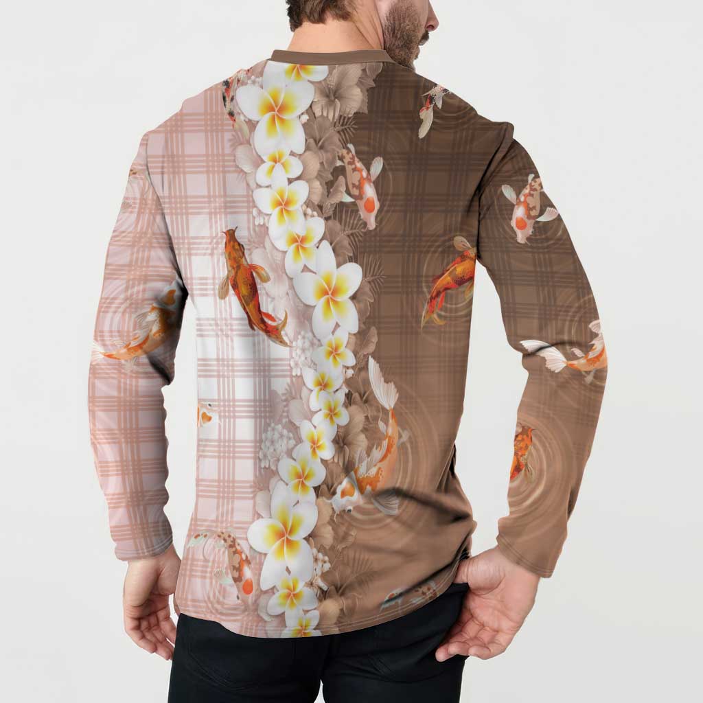 Hawaii And Japan Button Sweatshirt Plumeria Lei With Koi Fish Beige - Polynesian Pride