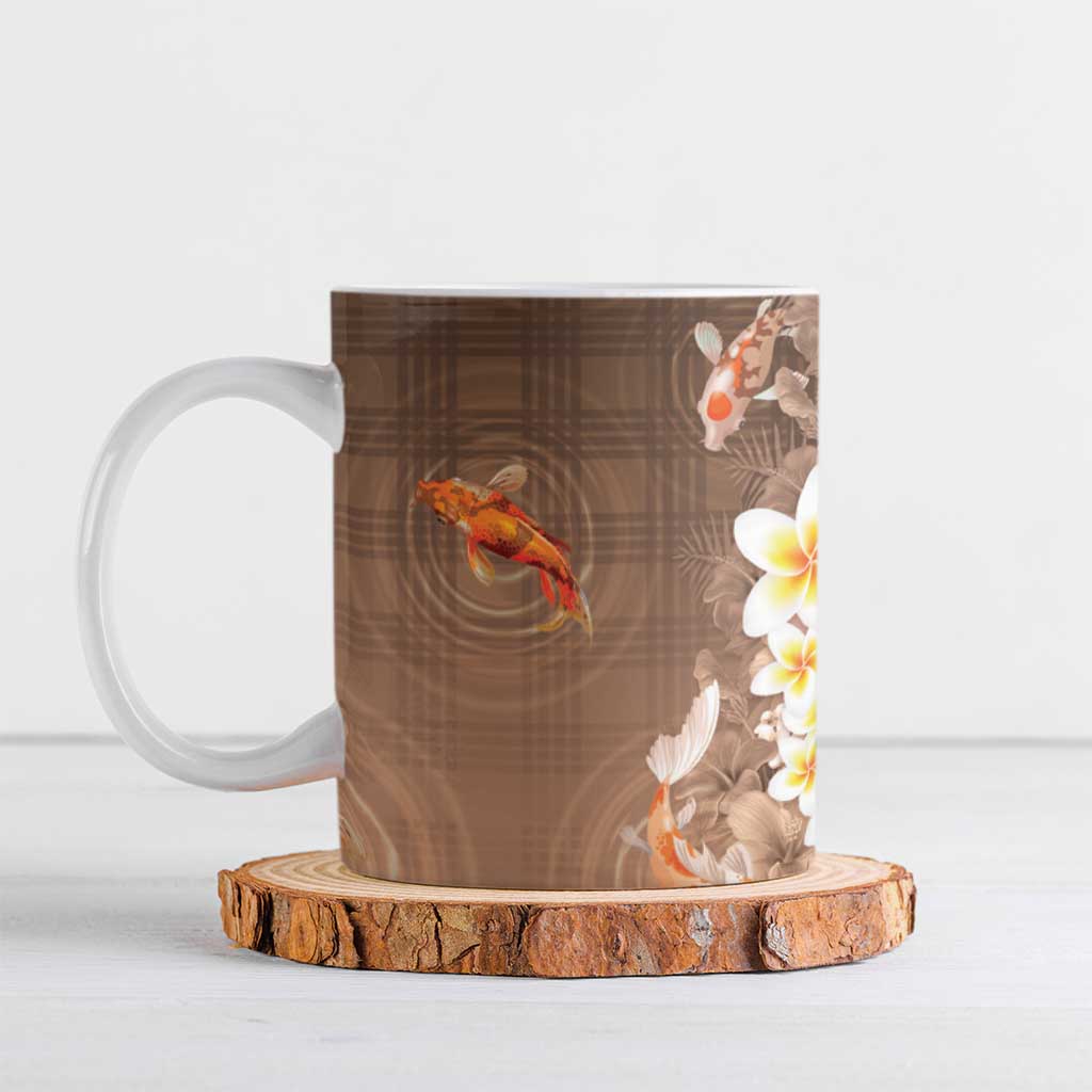 Hawaii And Japan Ceramic Mug Plumeria Lei With Koi Fish Beige - Polynesian Pride