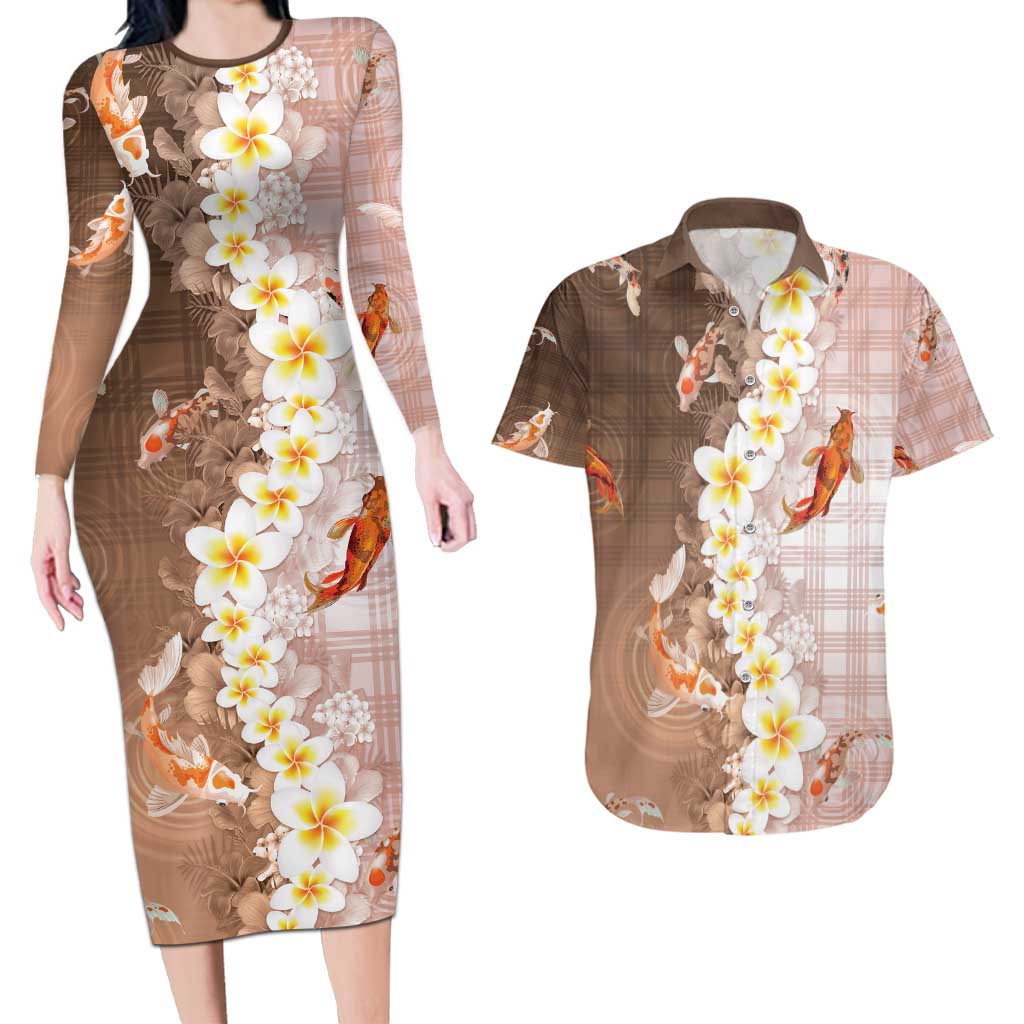 Hawaii And Japan Couples Matching Long Sleeve Bodycon Dress and Hawaiian Shirt Plumeria Lei With Koi Fish Beige - Polynesian Pride