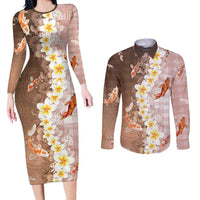 Hawaii And Japan Couples Matching Long Sleeve Bodycon Dress and Long Sleeve Button Shirt Plumeria Lei With Koi Fish Beige - Polynesian Pride