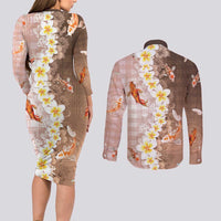 Hawaii And Japan Couples Matching Long Sleeve Bodycon Dress and Long Sleeve Button Shirt Plumeria Lei With Koi Fish Beige - Polynesian Pride