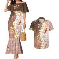 Hawaii And Japan Couples Matching Mermaid Dress and Hawaiian Shirt Plumeria Lei With Koi Fish Beige - Polynesian Pride