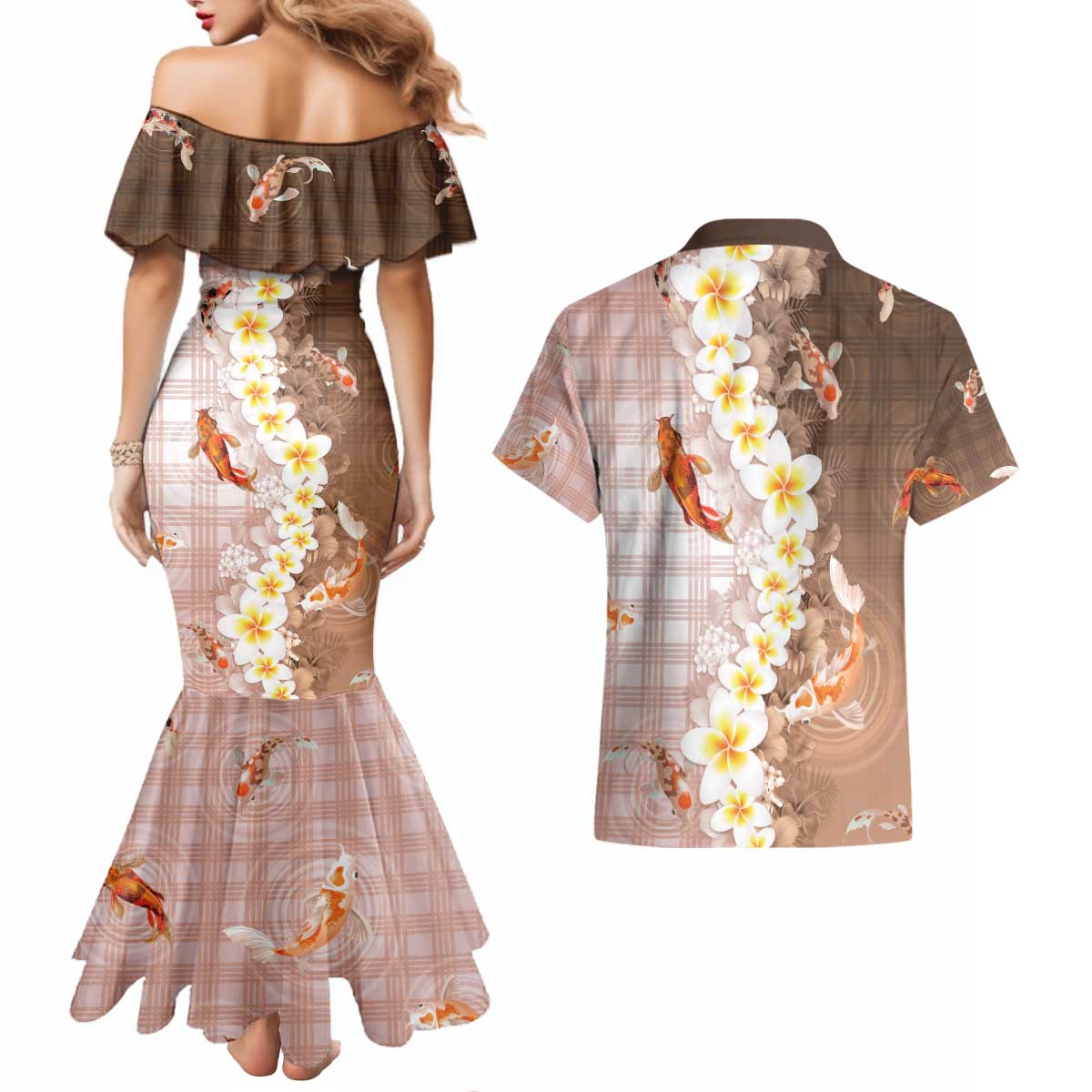 Hawaii And Japan Couples Matching Mermaid Dress and Hawaiian Shirt Plumeria Lei With Koi Fish Beige - Polynesian Pride