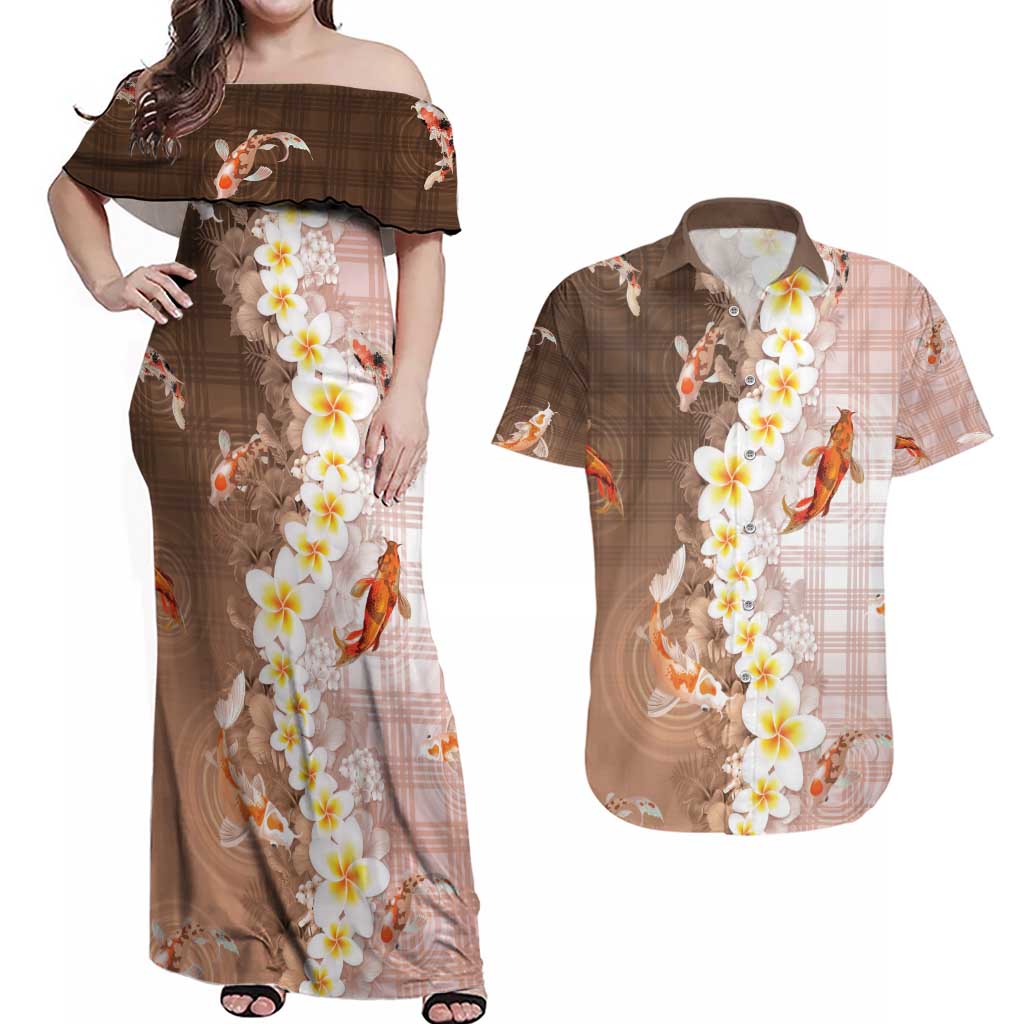 Hawaii And Japan Couples Matching Off Shoulder Maxi Dress and Hawaiian Shirt Plumeria Lei With Koi Fish Beige - Polynesian Pride