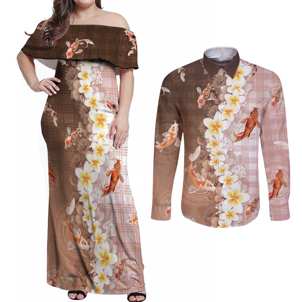 Hawaii And Japan Couples Matching Off Shoulder Maxi Dress and Long Sleeve Button Shirt Plumeria Lei With Koi Fish Beige - Polynesian Pride