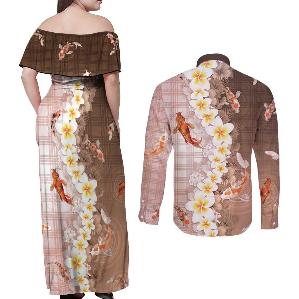 Hawaii And Japan Couples Matching Off Shoulder Maxi Dress and Long Sleeve Button Shirt Plumeria Lei With Koi Fish Beige - Polynesian Pride