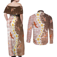 Hawaii And Japan Couples Matching Off Shoulder Maxi Dress and Long Sleeve Button Shirt Plumeria Lei With Koi Fish Beige - Polynesian Pride