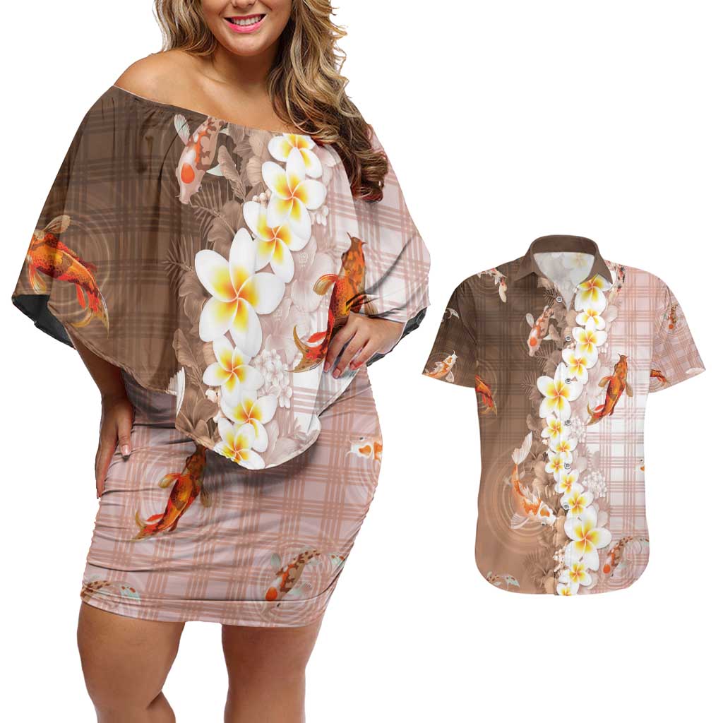Hawaii And Japan Couples Matching Off Shoulder Short Dress and Hawaiian Shirt Plumeria Lei With Koi Fish Beige - Polynesian Pride