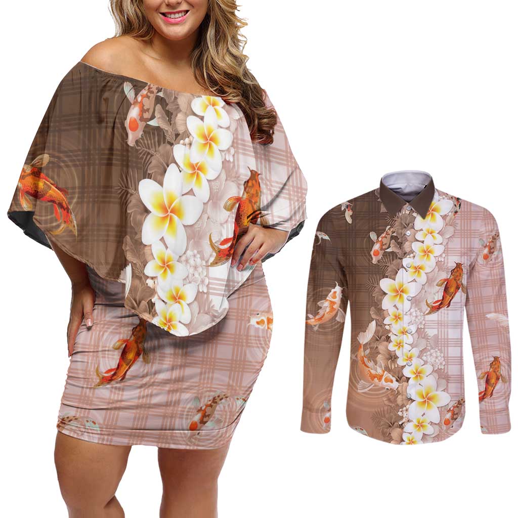 Hawaii And Japan Couples Matching Off Shoulder Short Dress and Long Sleeve Button Shirt Plumeria Lei With Koi Fish Beige - Polynesian Pride
