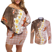 Hawaii And Japan Couples Matching Off Shoulder Short Dress and Long Sleeve Button Shirt Plumeria Lei With Koi Fish Beige - Polynesian Pride