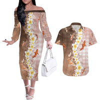 Hawaii And Japan Couples Matching Off The Shoulder Long Sleeve Dress and Hawaiian Shirt Plumeria Lei With Koi Fish Beige - Polynesian Pride