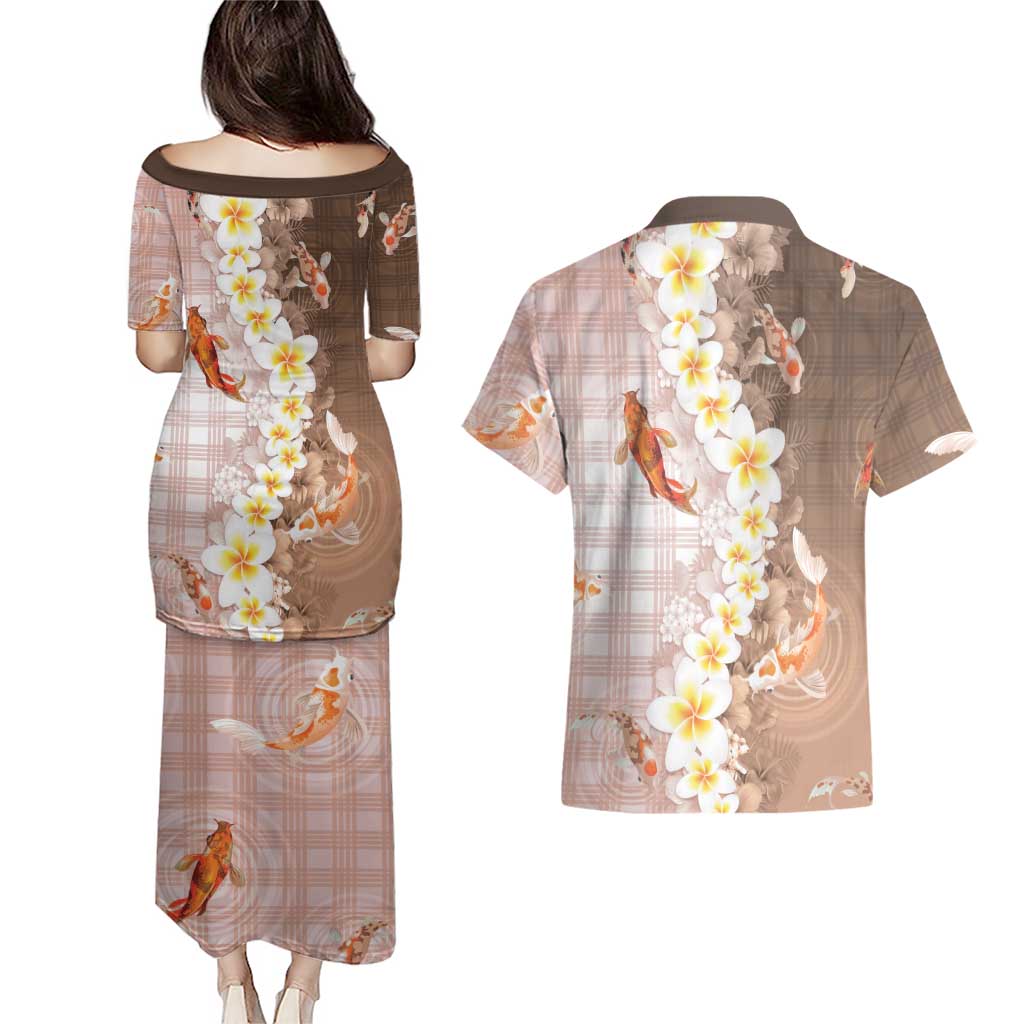 Hawaii And Japan Couples Matching Puletasi and Hawaiian Shirt Plumeria Lei With Koi Fish Beige - Polynesian Pride