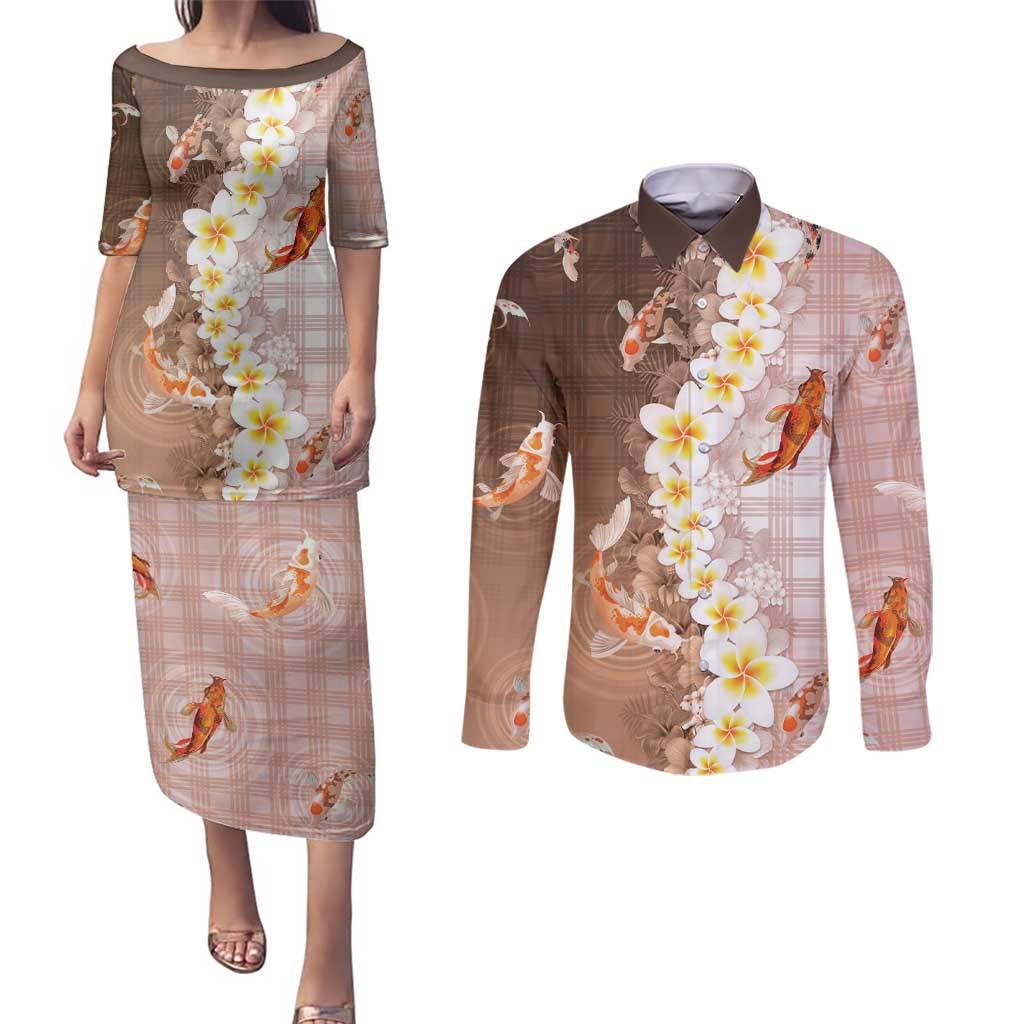 Hawaii And Japan Couples Matching Puletasi and Long Sleeve Button Shirt Plumeria Lei With Koi Fish Beige - Polynesian Pride