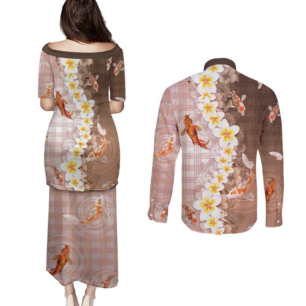 Hawaii And Japan Couples Matching Puletasi and Long Sleeve Button Shirt Plumeria Lei With Koi Fish Beige - Polynesian Pride