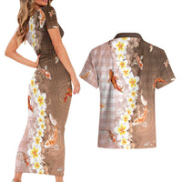 Hawaii And Japan Couples Matching Short Sleeve Bodycon Dress and Hawaiian Shirt Plumeria Lei With Koi Fish Beige - Polynesian Pride