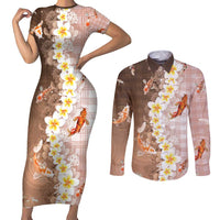 Hawaii And Japan Couples Matching Short Sleeve Bodycon Dress and Long Sleeve Button Shirt Plumeria Lei With Koi Fish Beige - Polynesian Pride