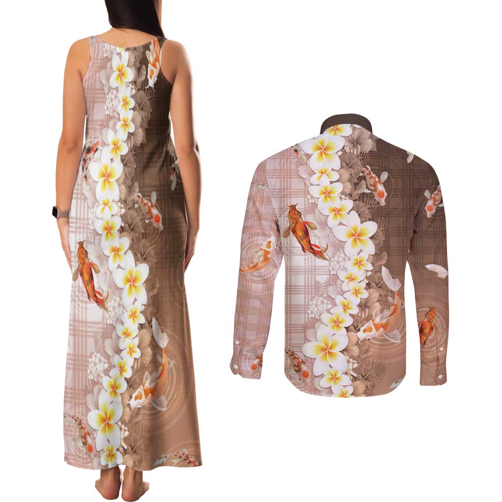 Hawaii And Japan Couples Matching Tank Maxi Dress and Long Sleeve Button Shirt Plumeria Lei With Koi Fish Beige - Polynesian Pride
