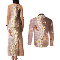 Hawaii And Japan Couples Matching Tank Maxi Dress and Long Sleeve Button Shirt Plumeria Lei With Koi Fish Beige - Polynesian Pride