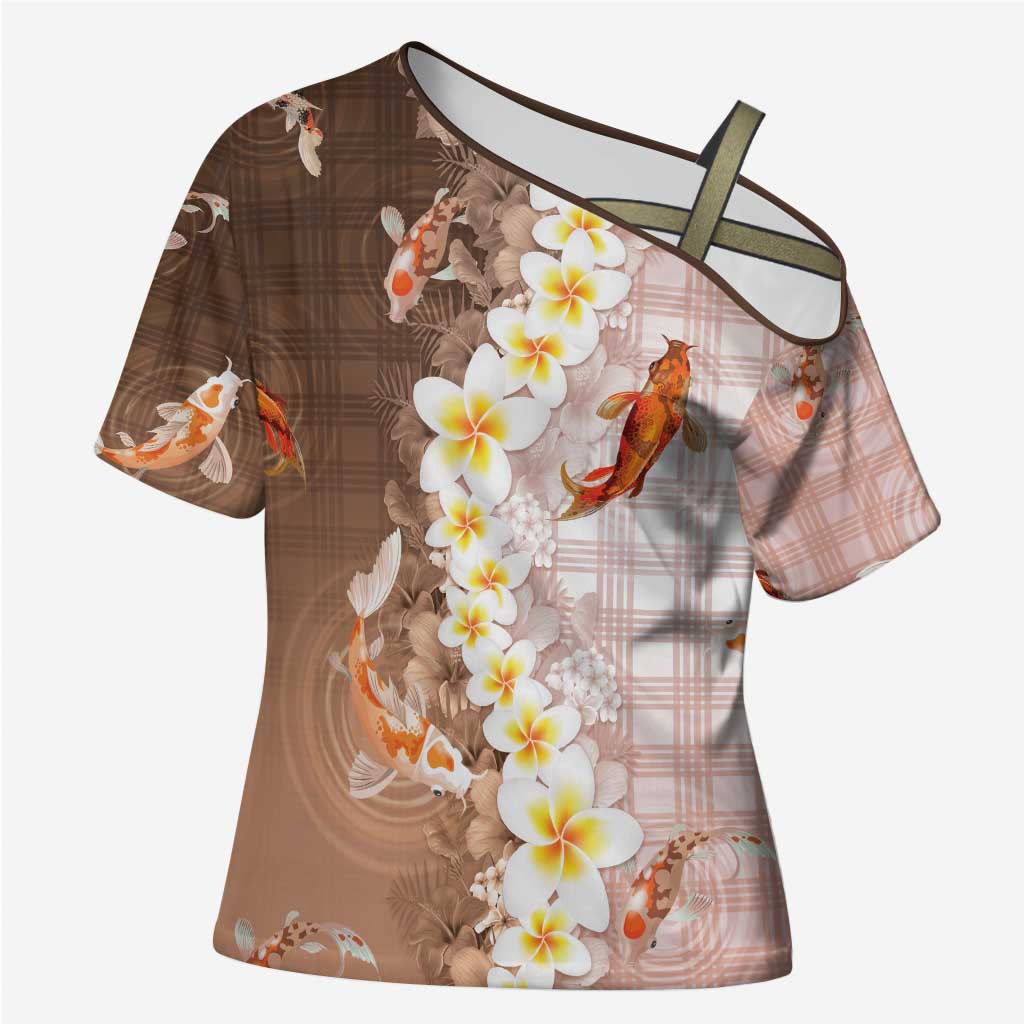 Hawaii And Japan Cross Shoulder Shirt Plumeria Lei With Koi Fish Beige - Polynesian Pride