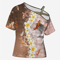 Hawaii And Japan Cross Shoulder Shirt Plumeria Lei With Koi Fish Beige - Polynesian Pride