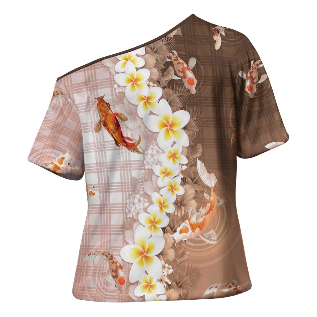 Hawaii And Japan Cross Shoulder Shirt Plumeria Lei With Koi Fish Beige - Polynesian Pride