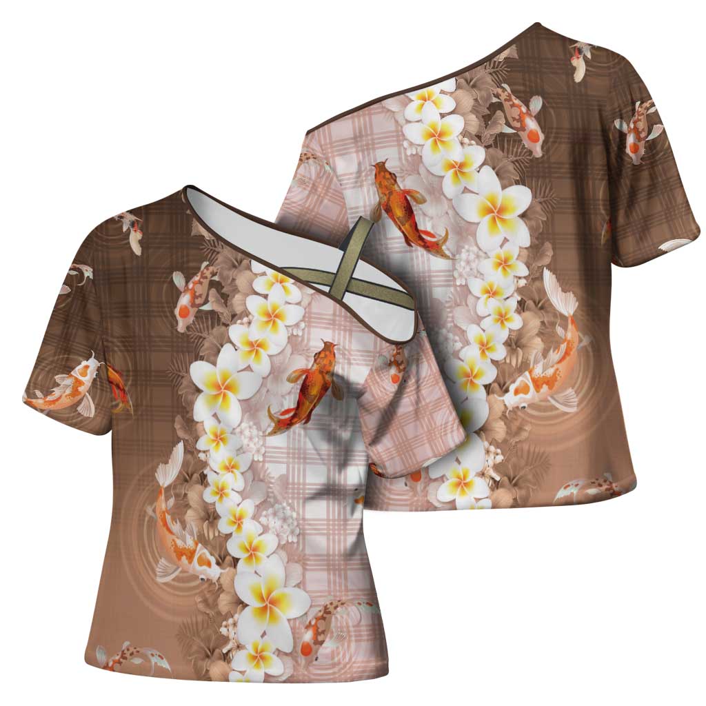 Hawaii And Japan Cross Shoulder Shirt Plumeria Lei With Koi Fish Beige - Polynesian Pride
