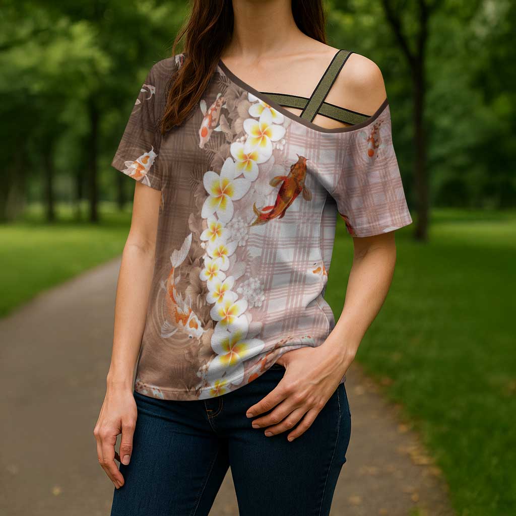 Hawaii And Japan Cross Shoulder Shirt Plumeria Lei With Koi Fish Beige - Polynesian Pride