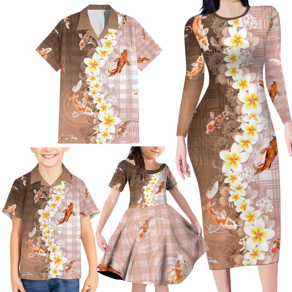 Hawaii And Japan Family Matching Long Sleeve Bodycon Dress and Hawaiian Shirt Plumeria Lei With Koi Fish Beige - Polynesian Pride