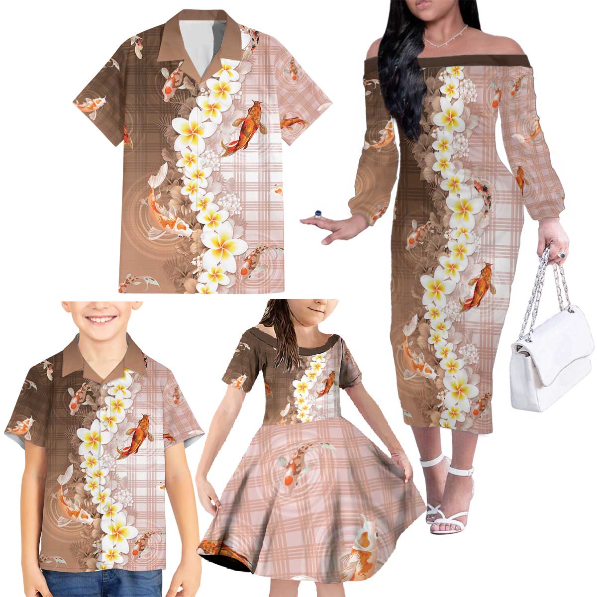 Hawaii And Japan Family Matching Off The Shoulder Long Sleeve Dress and Hawaiian Shirt Plumeria Lei With Koi Fish Beige - Polynesian Pride