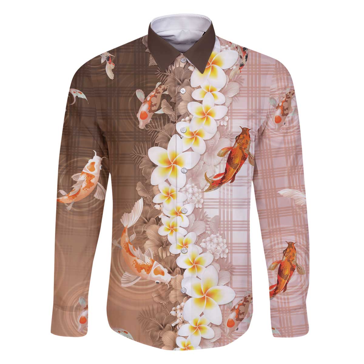 Hawaii And Japan Family Matching Off The Shoulder Long Sleeve Dress and Hawaiian Shirt Plumeria Lei With Koi Fish Beige - Polynesian Pride