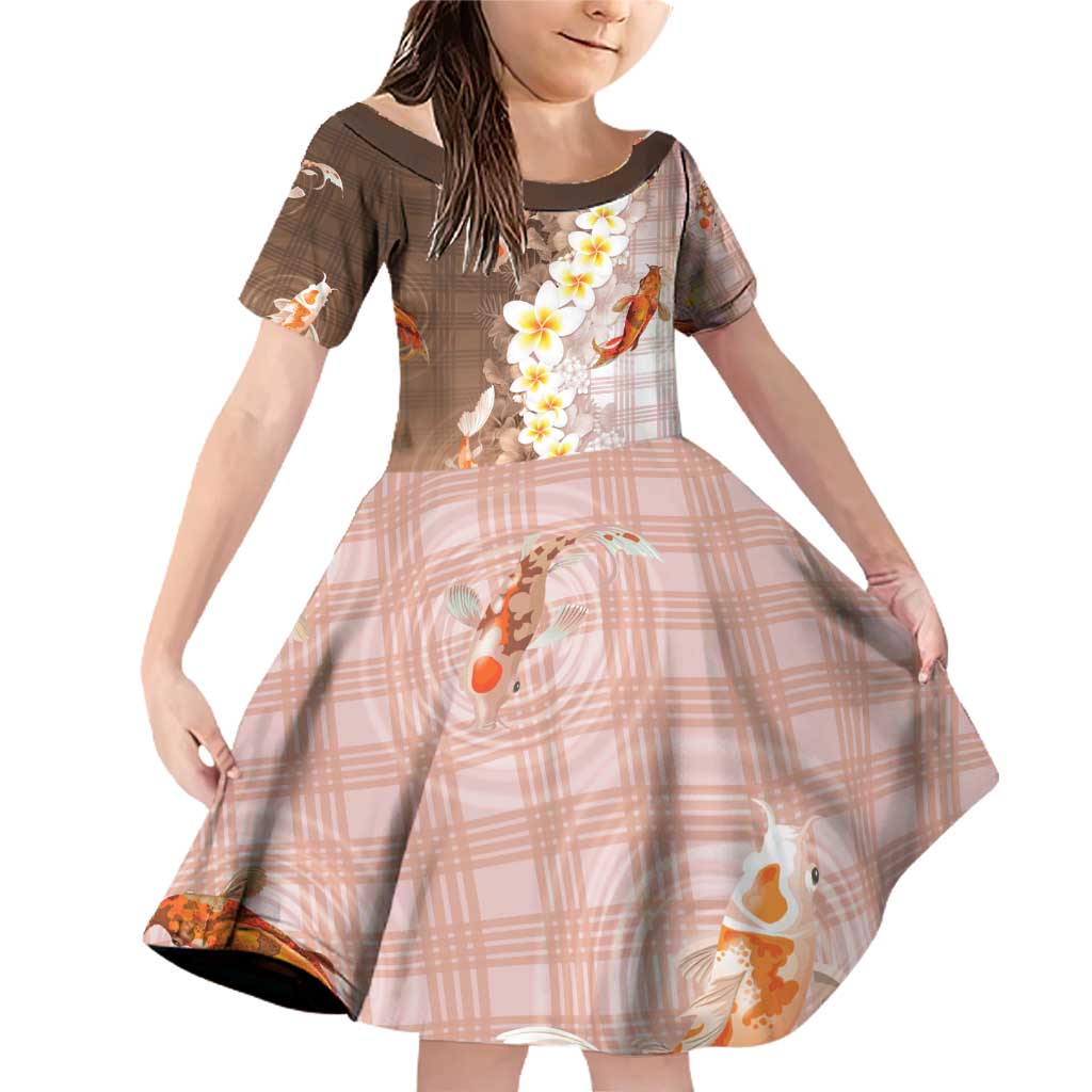 Hawaii And Japan Family Matching Off Shoulder Short Dress and Hawaiian Shirt Plumeria Lei With Koi Fish Beige - Polynesian Pride