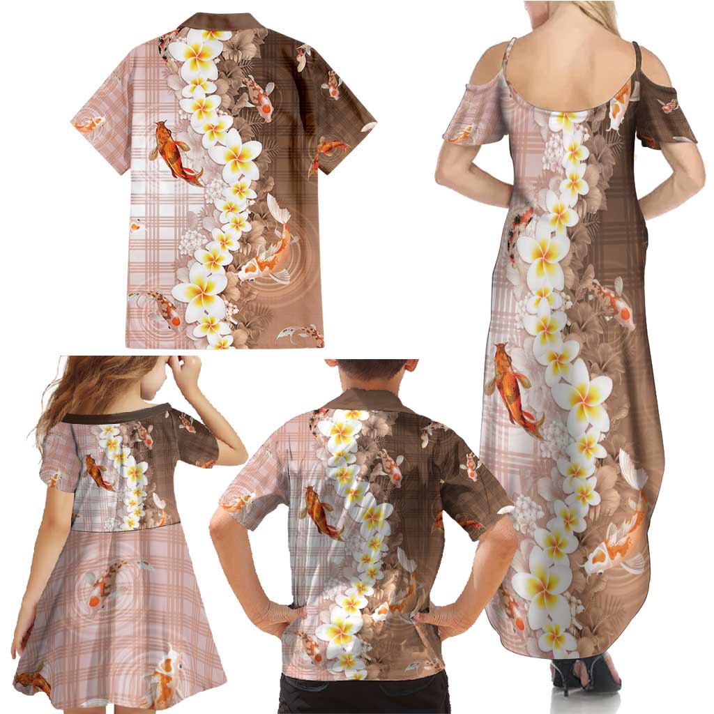 Hawaii And Japan Family Matching Summer Maxi Dress and Hawaiian Shirt Plumeria Lei With Koi Fish Beige - Polynesian Pride