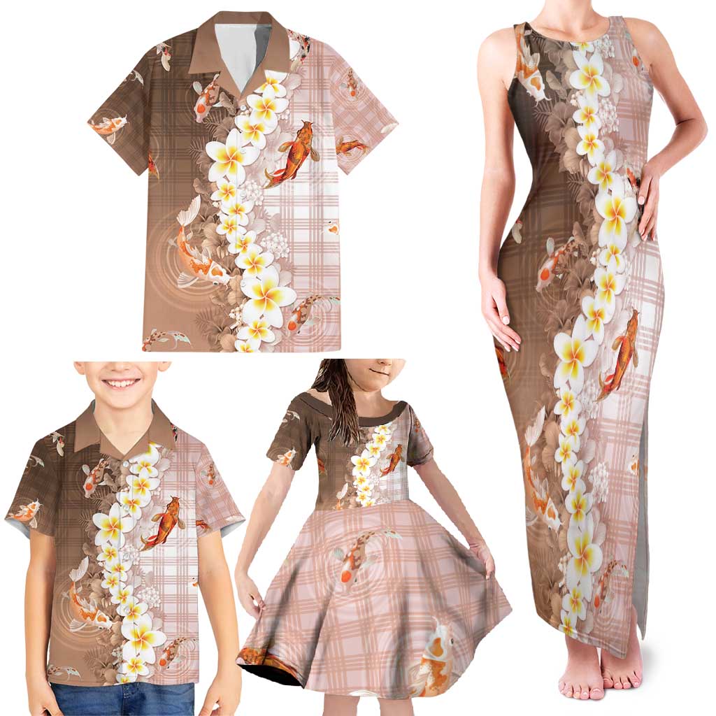 Hawaii And Japan Family Matching Tank Maxi Dress and Hawaiian Shirt Plumeria Lei With Koi Fish Beige - Polynesian Pride