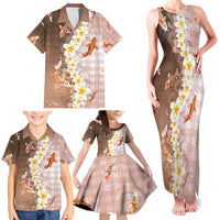 Hawaii And Japan Family Matching Tank Maxi Dress and Hawaiian Shirt Plumeria Lei With Koi Fish Beige - Polynesian Pride