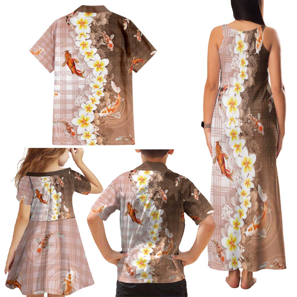 Hawaii And Japan Family Matching Tank Maxi Dress and Hawaiian Shirt Plumeria Lei With Koi Fish Beige - Polynesian Pride