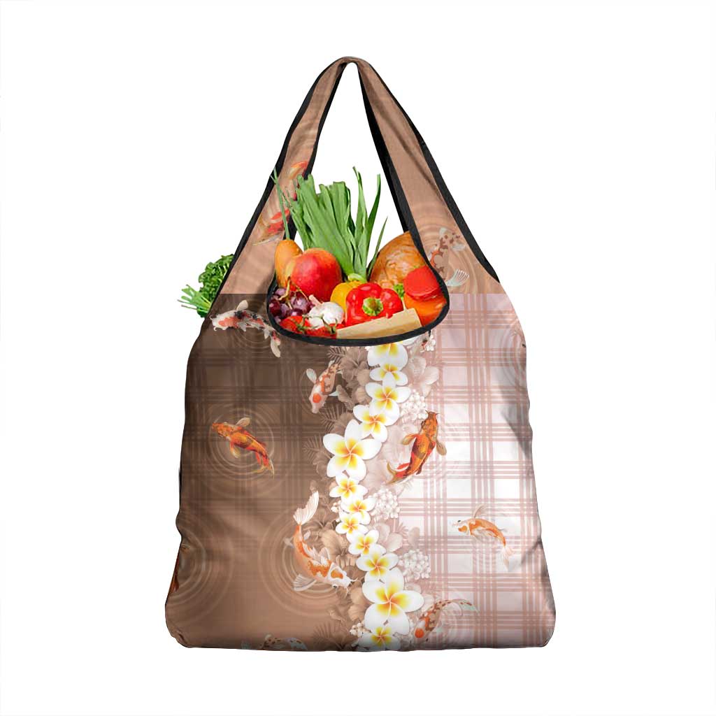 Hawaii And Japan Grocery Bag Plumeria Lei With Koi Fish Beige - Polynesian Pride