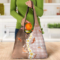 Hawaii And Japan Grocery Bag Plumeria Lei With Koi Fish Beige - Polynesian Pride
