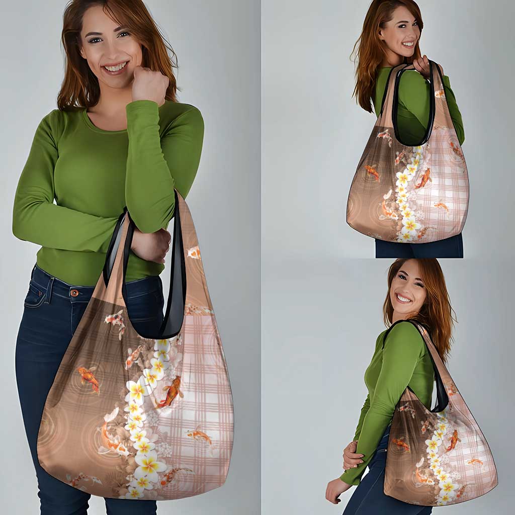 Hawaii And Japan Grocery Bag Plumeria Lei With Koi Fish Beige - Polynesian Pride