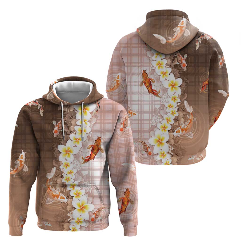 Hawaii And Japan Hoodie Plumeria Lei With Koi Fish Beige - Polynesian Pride