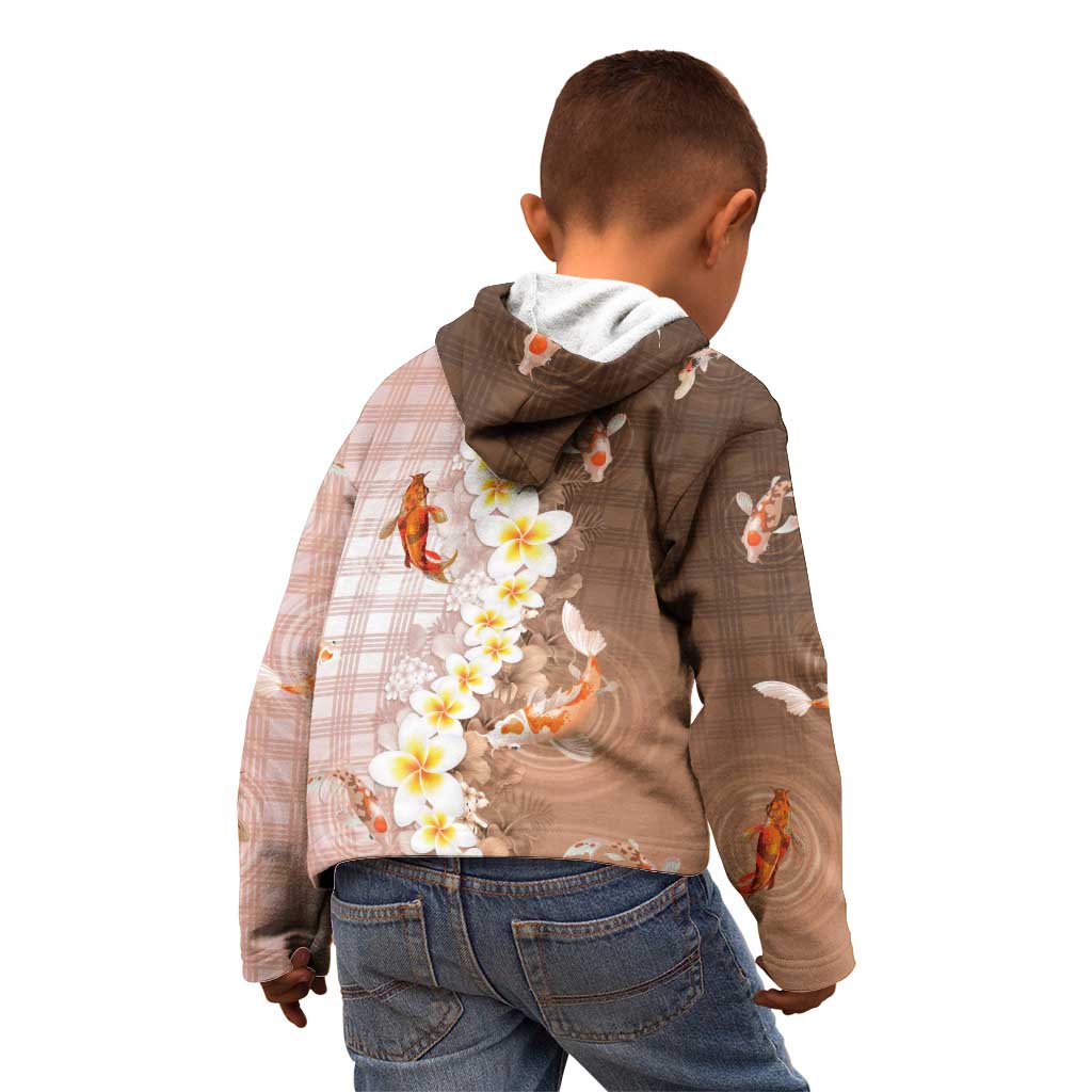 Hawaii And Japan Kid Hoodie Plumeria Lei With Koi Fish Beige - Polynesian Pride