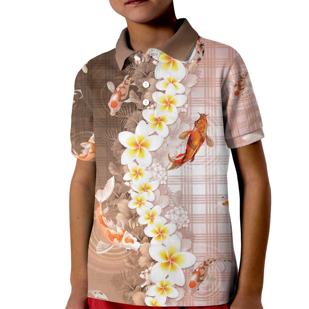 Hawaii And Japan Kid Polo Shirt Plumeria Lei With Koi Fish Beige - Polynesian Pride